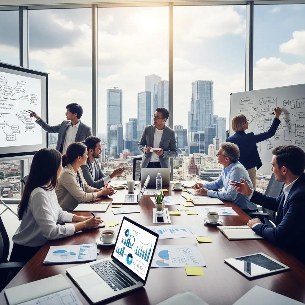 Entrepreneurs collaborating in a modern conference room, discussing corporate strategy, with presentations on financial planning and market analysis visible on screens and laptops.