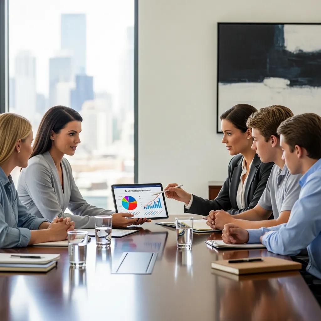 Group consulting with a financial advisor, discussing tax-efficient strategies and financial planning, with charts and graphs displayed on a laptop.