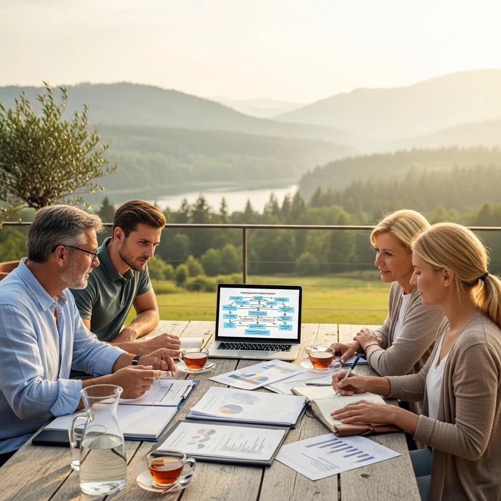 Family discussing cross-border estate planning strategies in a serene outdoor setting, with charts and documents on the table, laptop displaying planning framework, surrounded by nature.