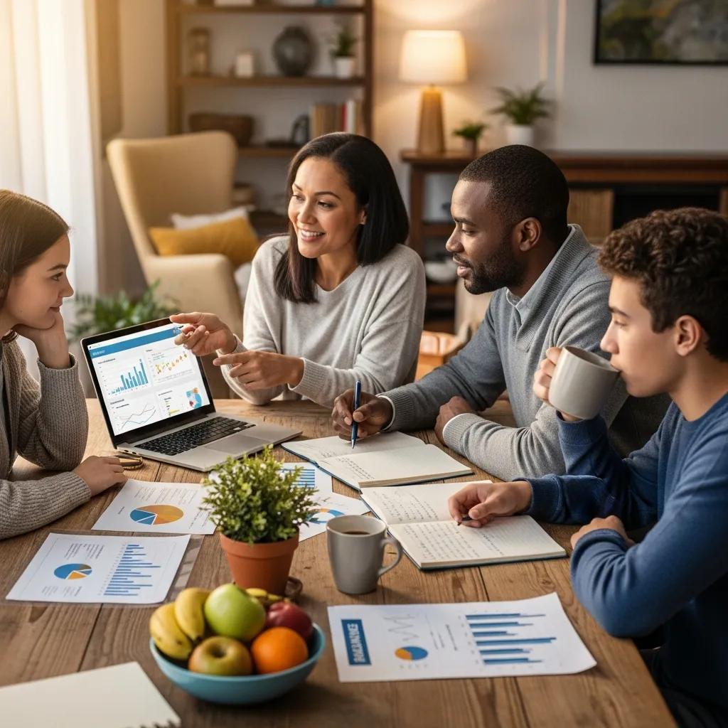 Family discussing financial planning with documents and a laptop in a cozy setting