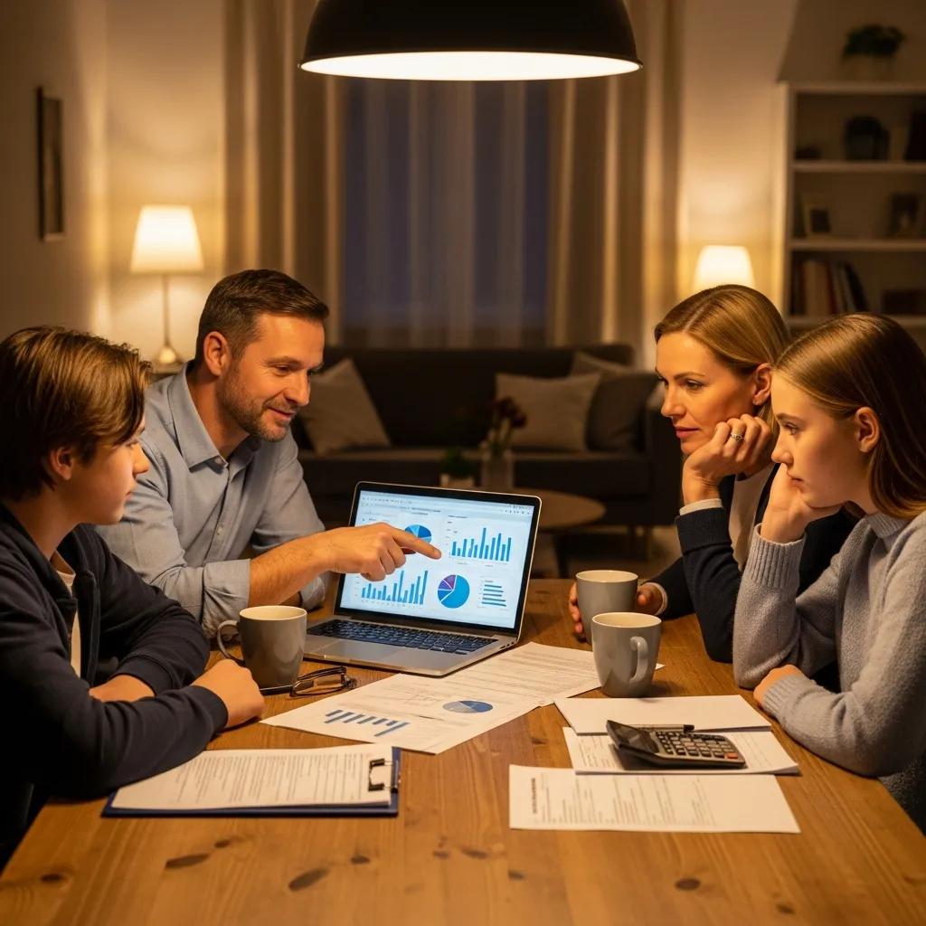 Family discussing financial strategies at a dining table, analyzing data on a laptop with charts and graphs, emphasizing wealth management and tax optimization.