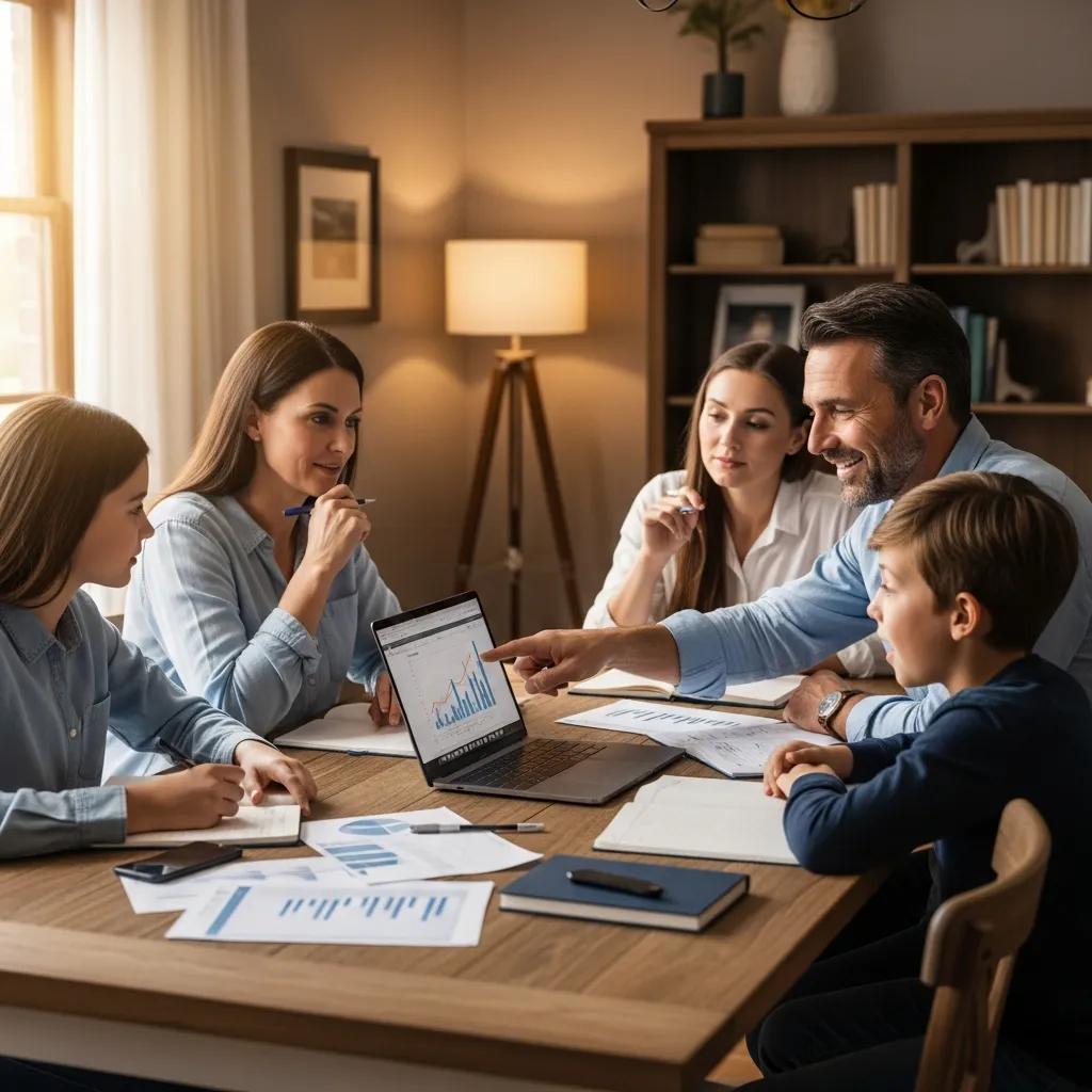 Family discussing financial strategies at a dining table, analyzing charts on a laptop, emphasizing capital gains planning and tax strategies related to holding companies.