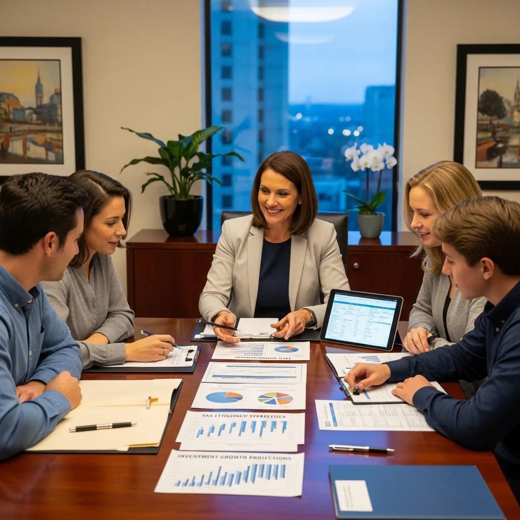 Family discussing financial strategies with a financial advisor in a professional setting, reviewing documents on tax efficiency and investment growth projections.