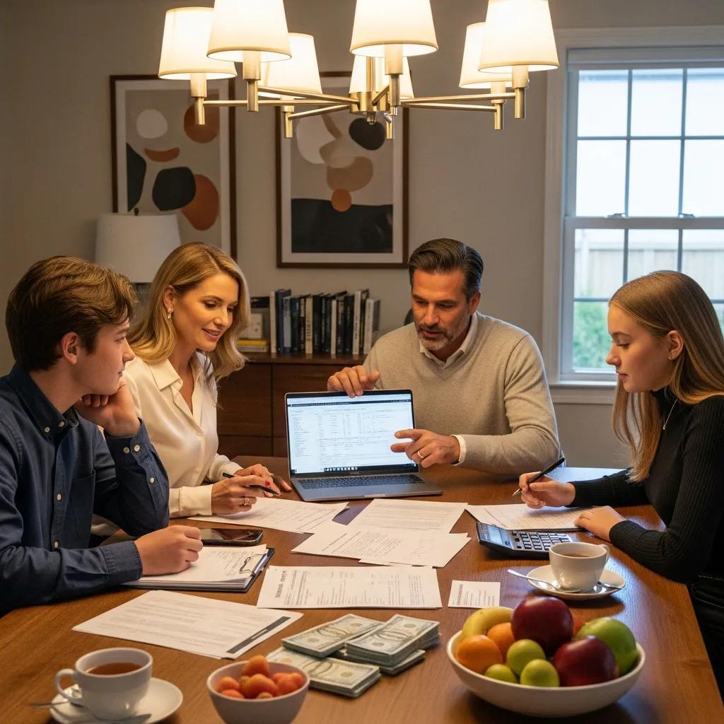 Family discussing income splitting strategies at a dining table with financial documents, laptop, and various fruits, emphasizing financial planning and community-focused goals.
