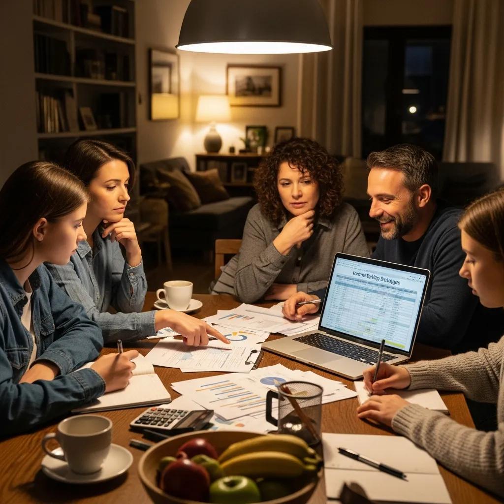 Family discussing income splitting strategies at a dining table, reviewing financial documents and a laptop displaying tax planning techniques.
