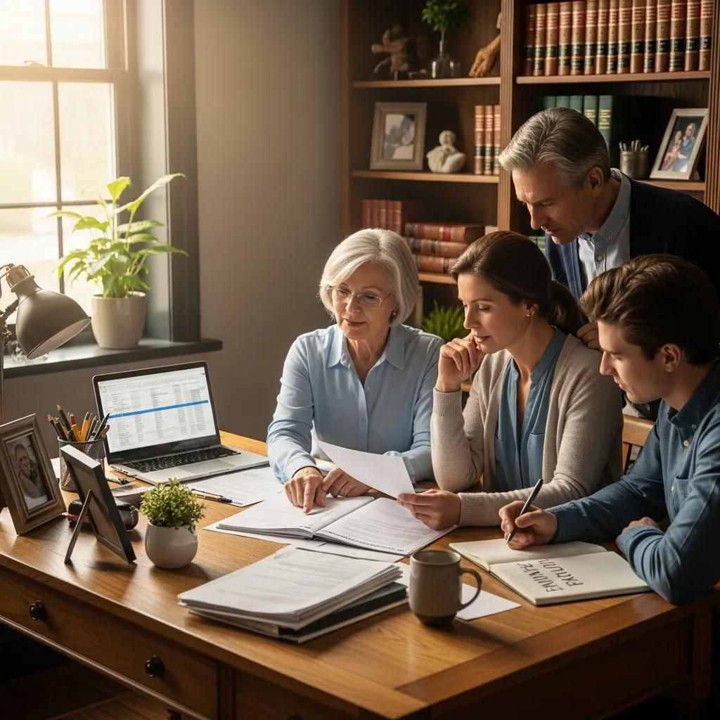Family discussing legacy and estate planning strategies in a home office, with documents and a laptop on the table, emphasizing wealth management and financial stewardship.