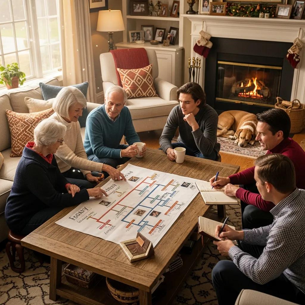 Family discussing legacy financial planning strategies around a table in a warm living room, analyzing a detailed family tree chart, with coffee cups and notebooks present, emphasizing collaboration and holistic financial approaches for future generations.