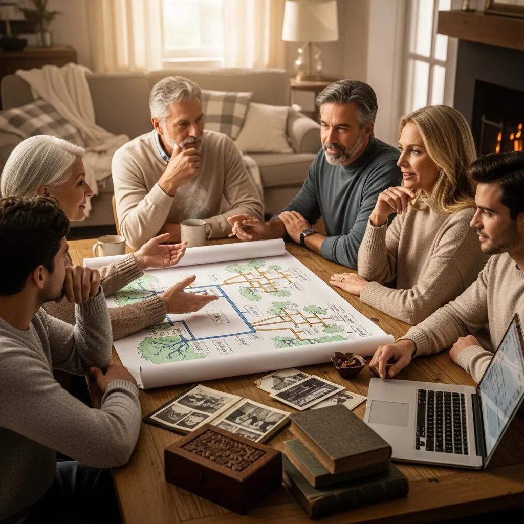 Family discussing legacy planning strategies around a table, reviewing estate planning documents and a family tree diagram, emphasizing best practices for high net worth individuals.