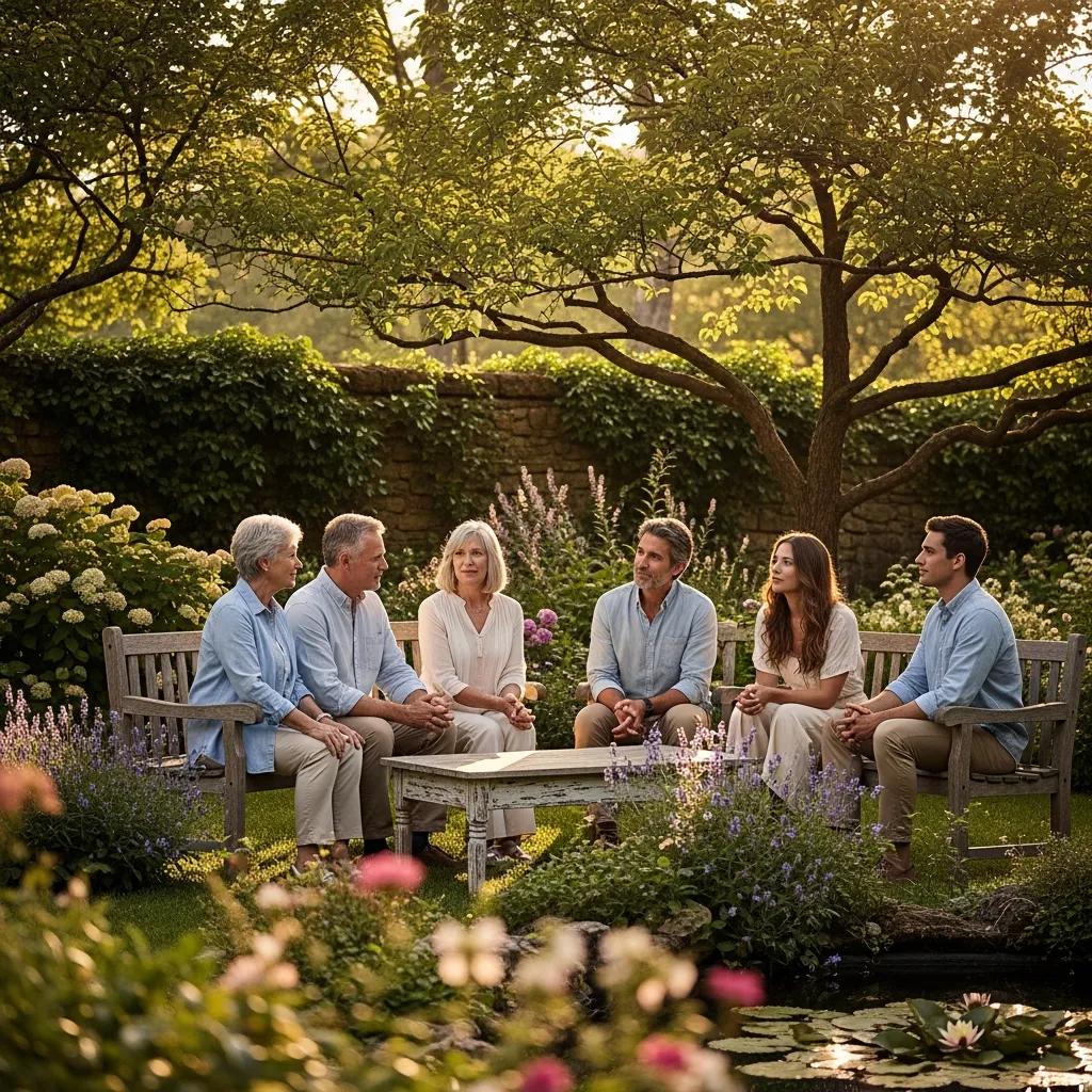 Family discussing legacy planning in a peaceful garden setting, emphasizing wealth preservation and generational wealth coaching.