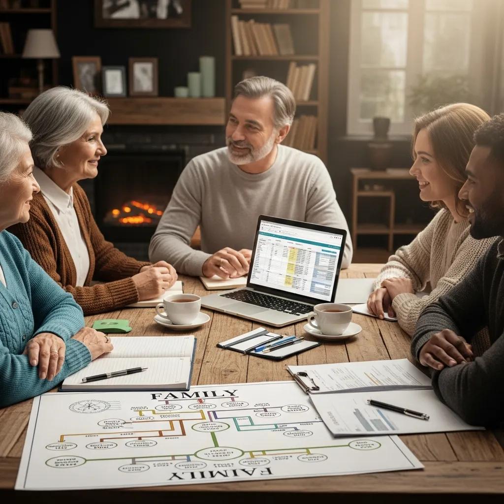 Family discussing legacy planning strategies around a table, featuring a family tree diagram, laptop displaying financial data, and coffee cups, emphasizing wealth management and estate planning.