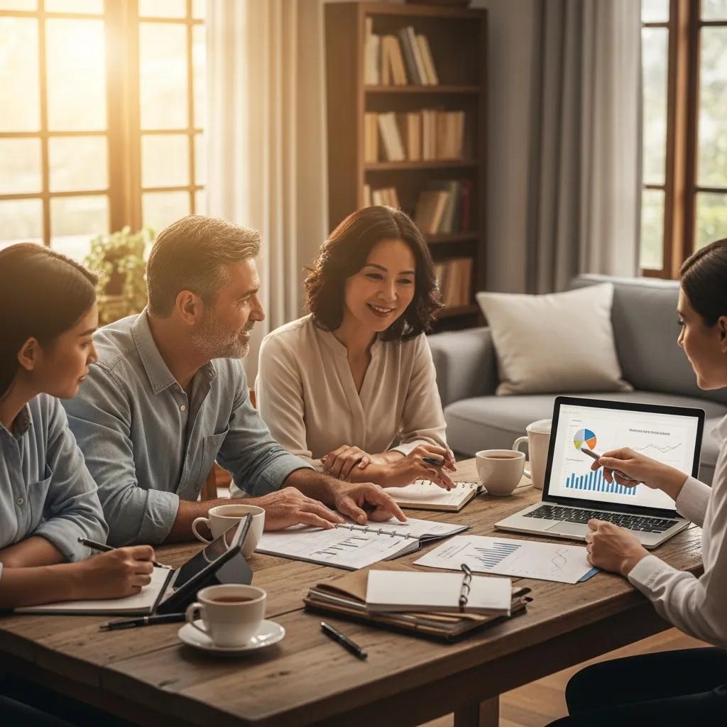 Family discussing legacy planning strategies with a financial advisor around a table, reviewing financial documents and charts in a warm, inviting setting.