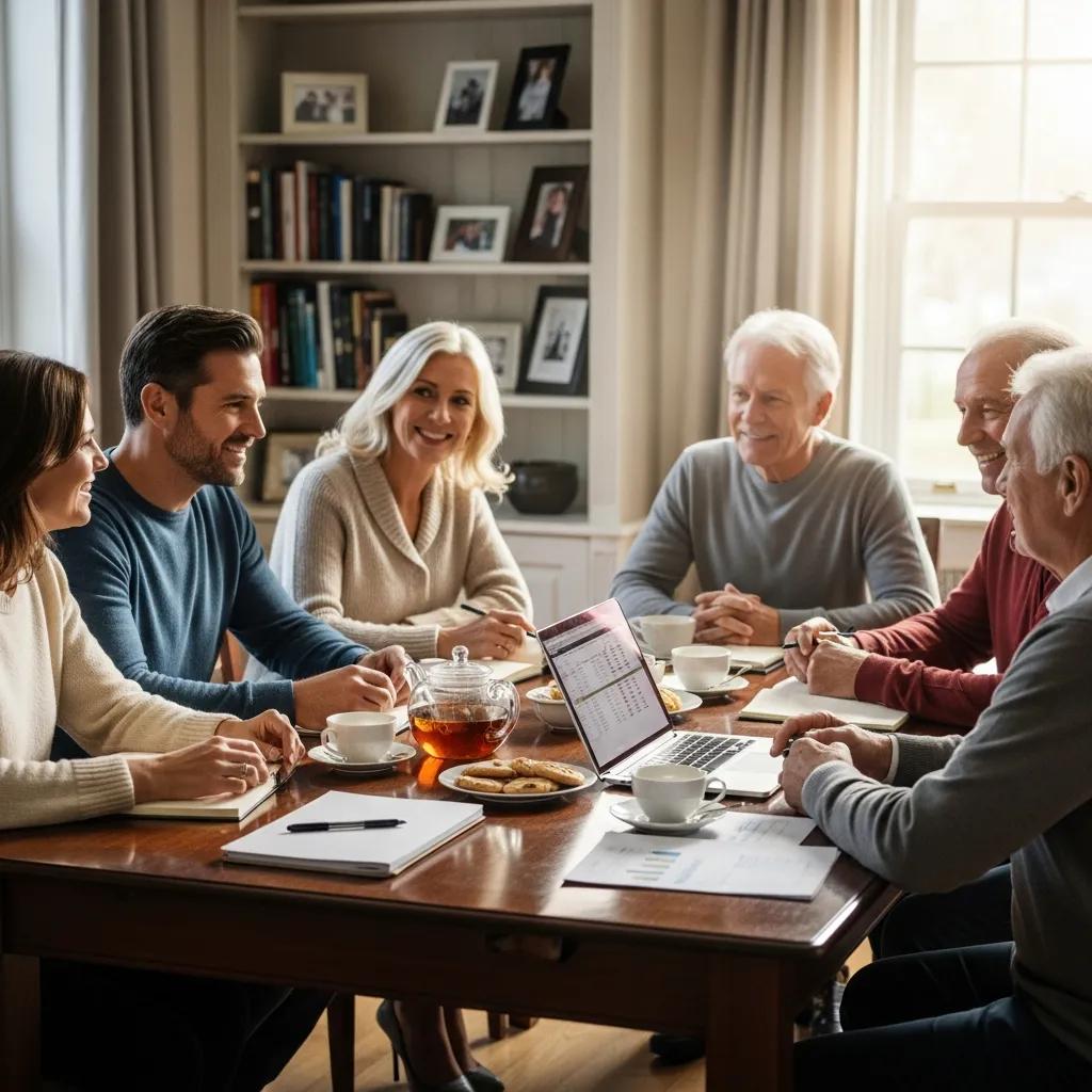 Family discussing legacy planning strategies around a table with documents, a laptop, tea, and cookies, emphasizing financial planning for tech founders.