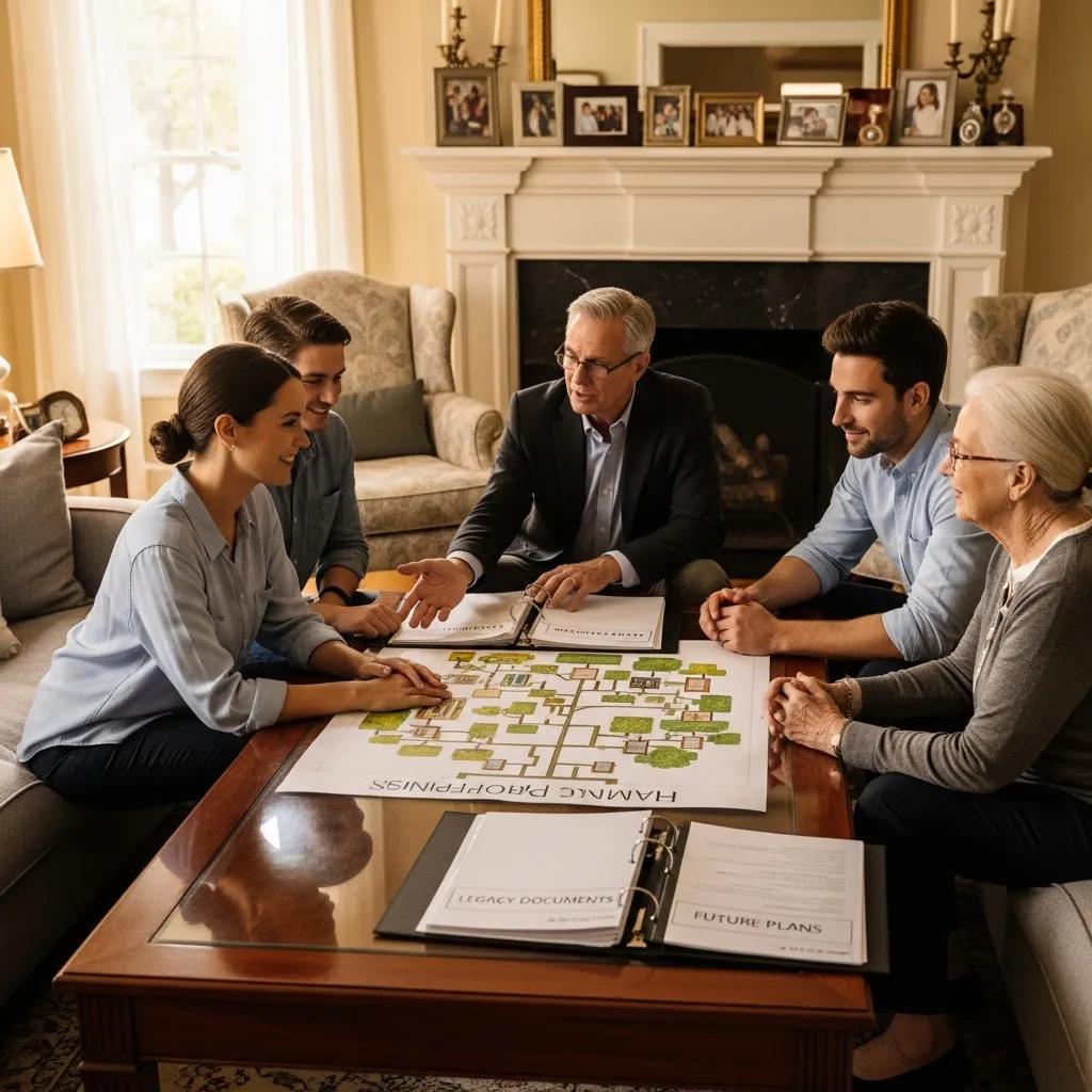 Family discussing succession planning and legacy in a warm home setting