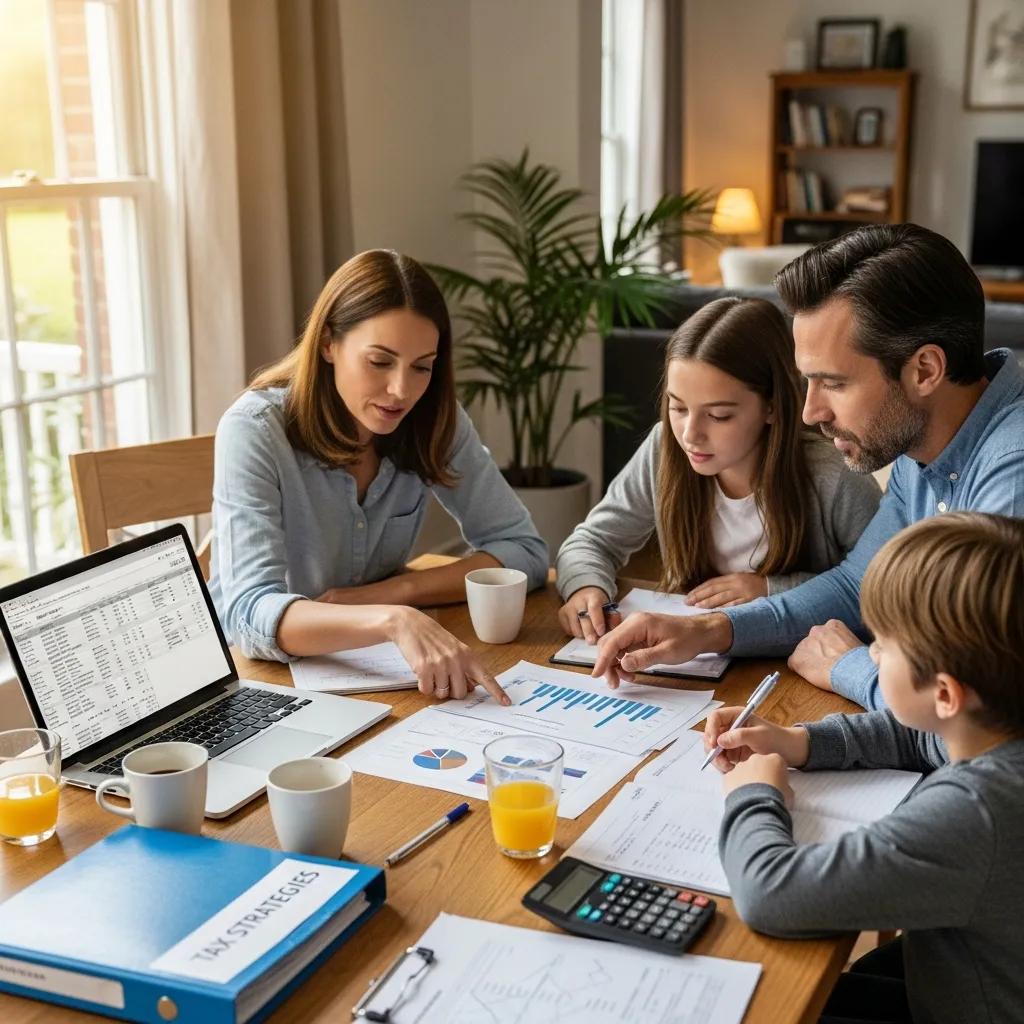 Family discussing tax-efficient financial planning strategies around a dining table, analyzing charts and documents, with a laptop displaying data and a calculator present.