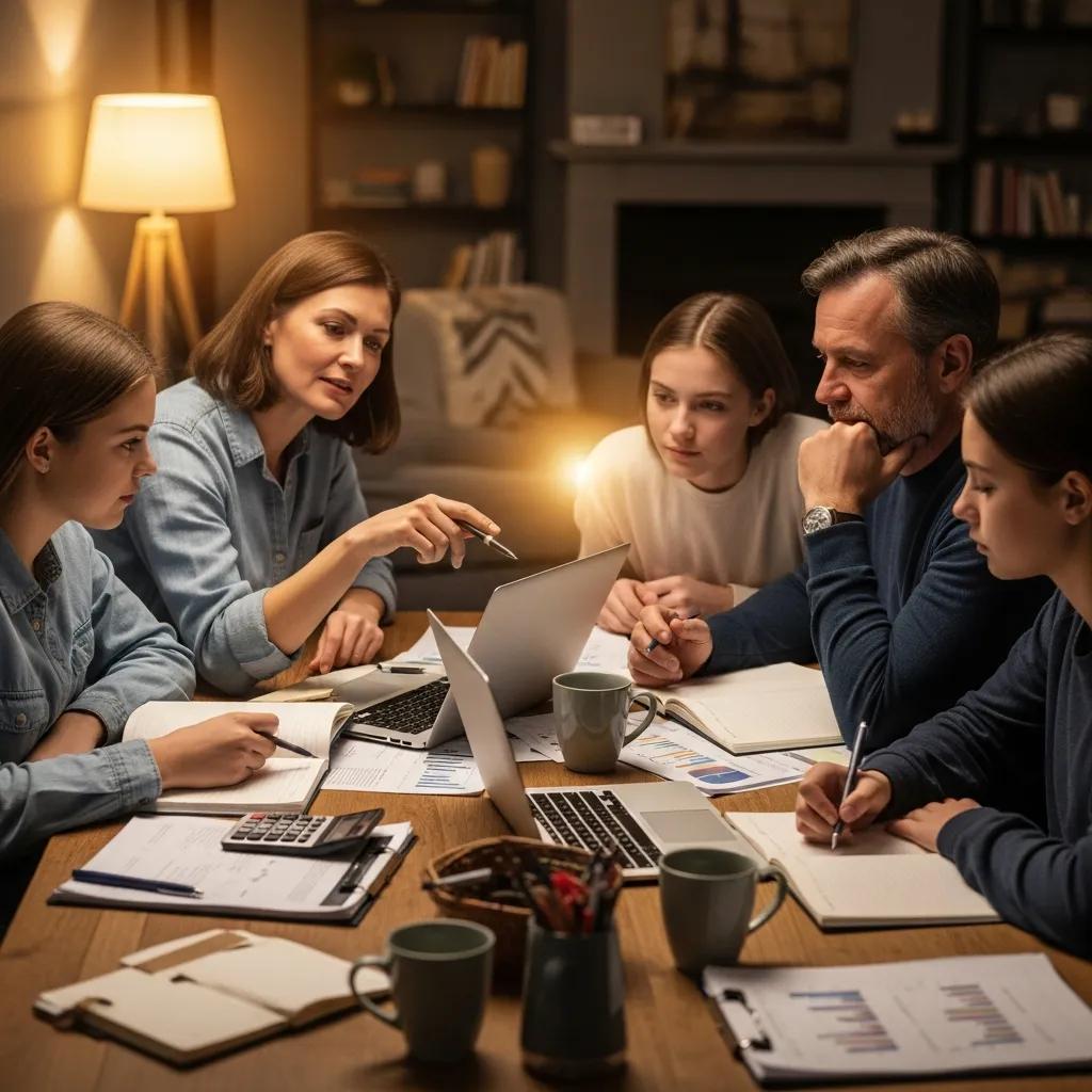 Family discussing tax-efficient planning strategies at a dining table, reviewing documents and using laptops, emphasizing collaborative financial decision-making.