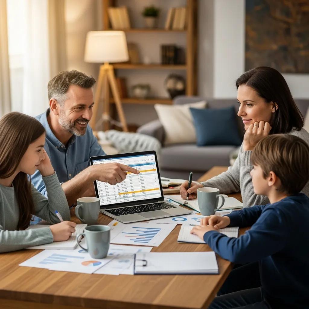 Family discussing tax optimization strategies at a dining table, reviewing financial documents and spreadsheets on a laptop, emphasizing collaborative financial planning.