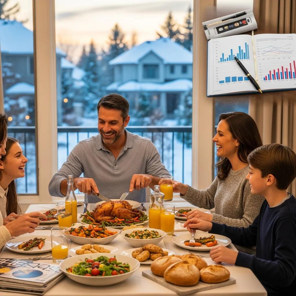 Family enjoying a meal together at a dining table, featuring a roasted chicken, various side dishes, and drinks, symbolizing the importance of financial security and tax benefits from RRSP contributions for high-income Canadians.