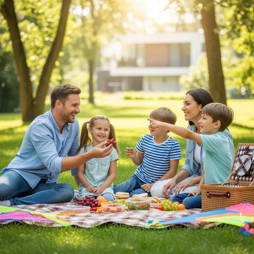 Family enjoying a picnic in a park, sharing food and laughter, symbolizing financial security and risk management strategies.