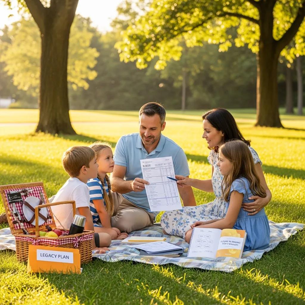 Family discussing legacy planning strategies during a picnic in a park, with documents and a picnic basket labeled "LEGACY PLAN" on a blanket.