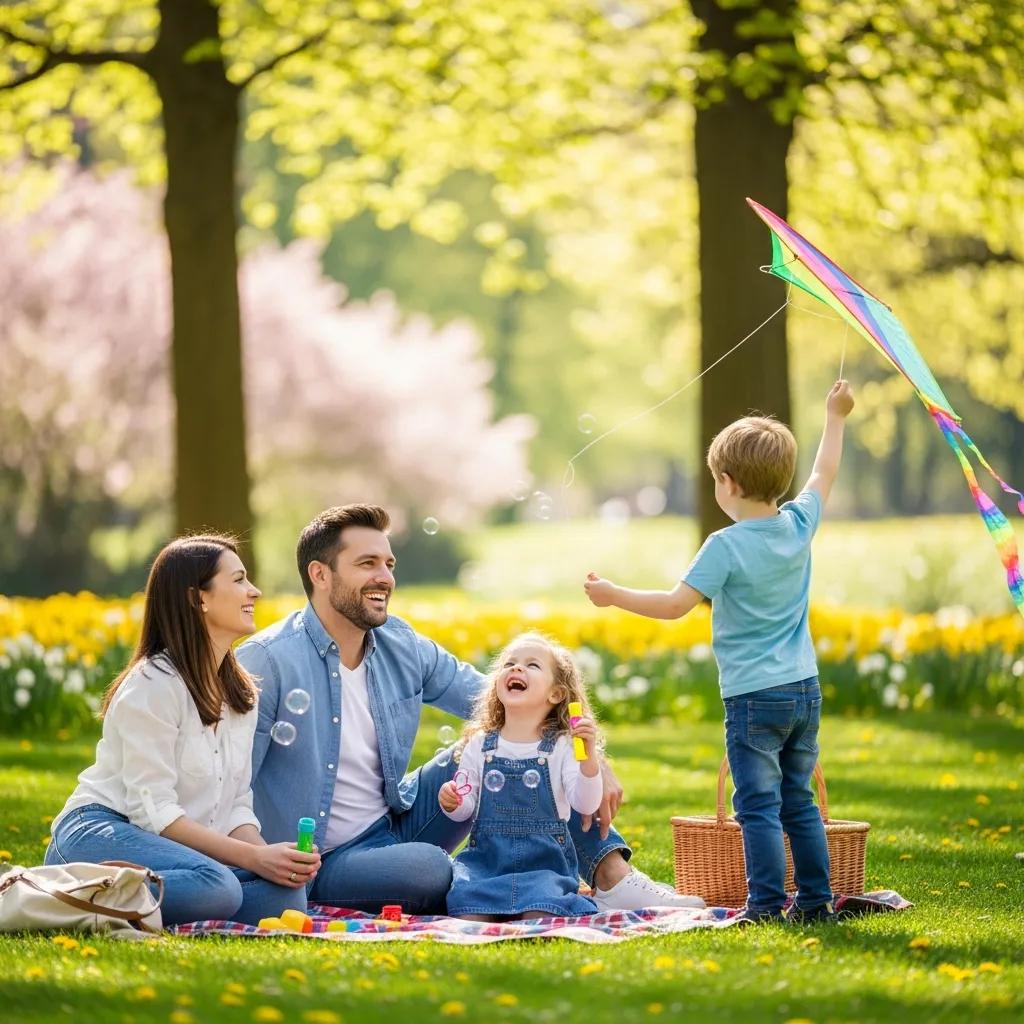 Family enjoying outdoor time in a park, playing with bubbles and a kite, symbolizing the benefits of tax credits and financial well-being.