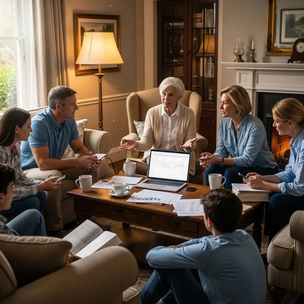 Family members discussing financial goals and strategies during a meeting, with a laptop displaying charts and documents on a table, emphasizing effective communication for financial literacy and estate planning.