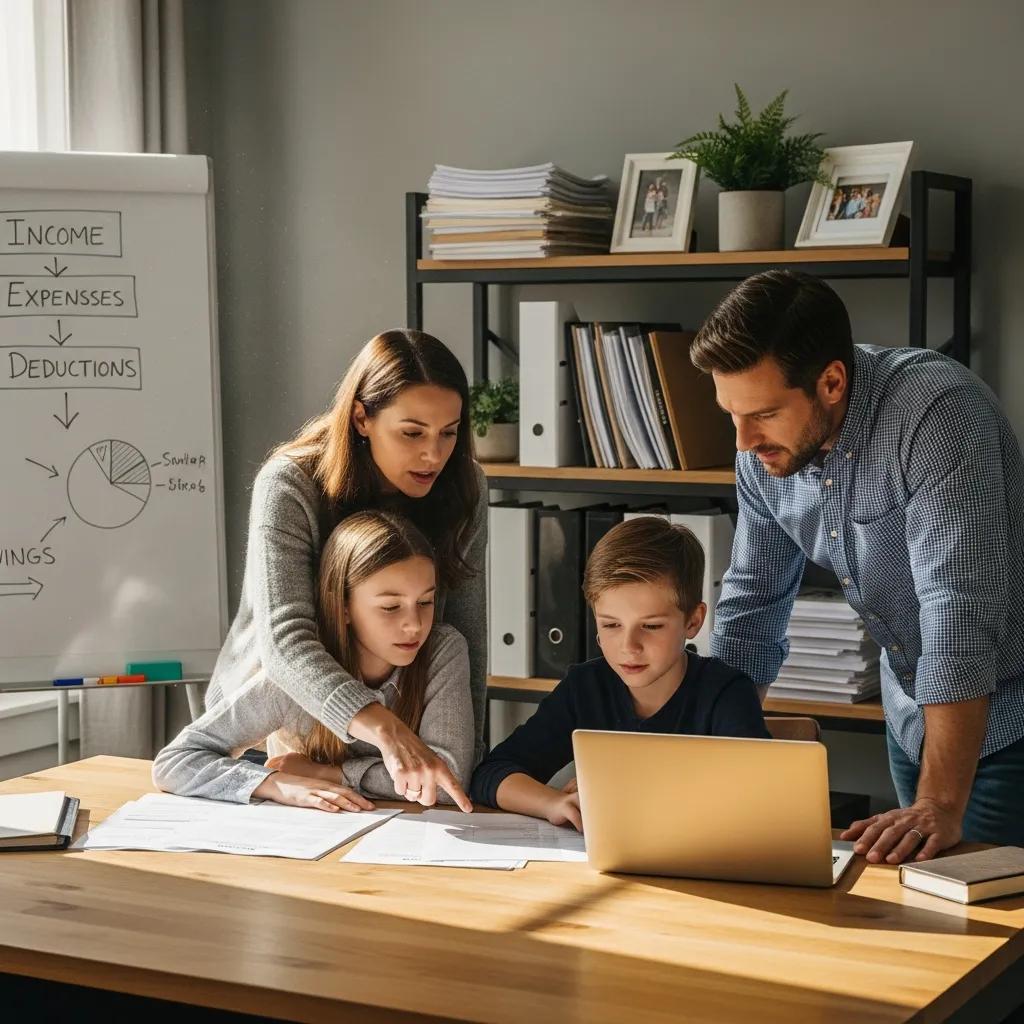 Family discussing tax documents in a home office, reviewing income splitting strategies and attribution rules, with a laptop and financial charts in the background.