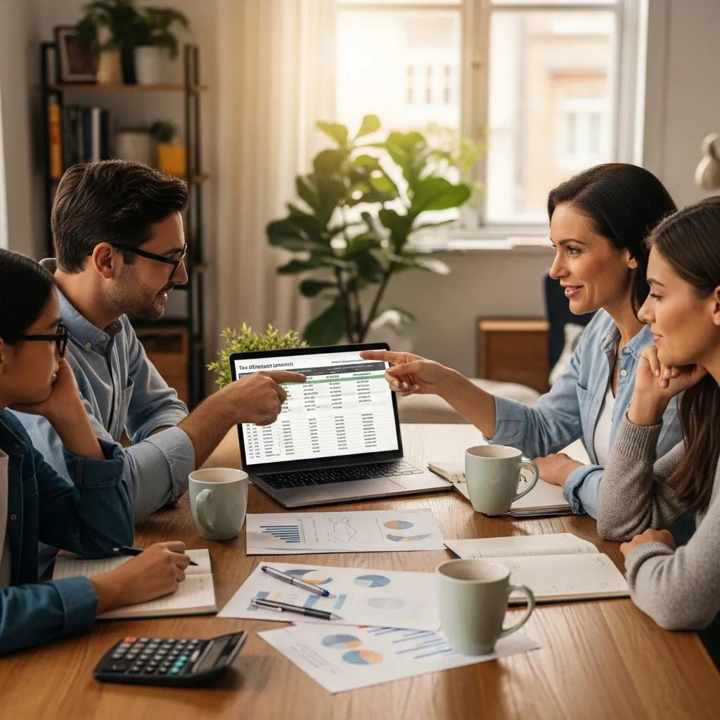 Family discussing tax-efficient wealth strategies at a dining table, reviewing financial data on a laptop, with charts and notes visible.