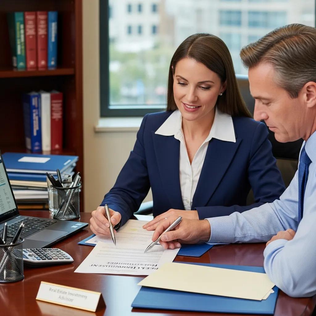 Financial advisor and client discussing tax planning strategies for real estate investments, reviewing documents at a desk with a laptop and stationery.