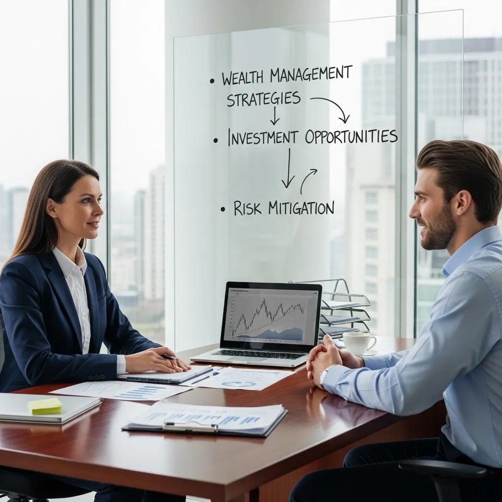Financial advisor and entrepreneur discussing wealth management strategies in a modern office