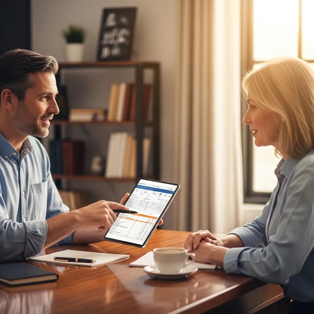 Financial advisor consulting with a client on wealth management strategies in a cozy office
