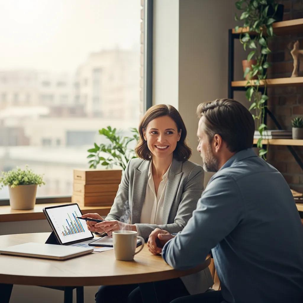 Financial advisor discussing investment strategies with a client in a cozy office