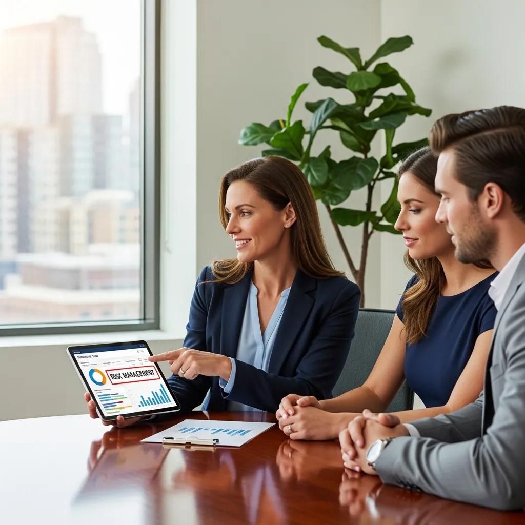 Financial advisor discussing risk management strategies with clients, showing data on tablet, modern office setting, emphasizing tax optimization and regulatory awareness.