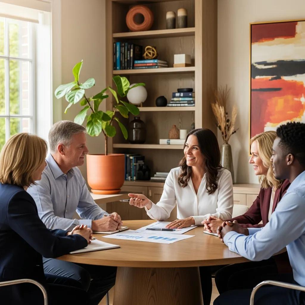 Financial advisor discussing strategies with clients in a cozy office environment