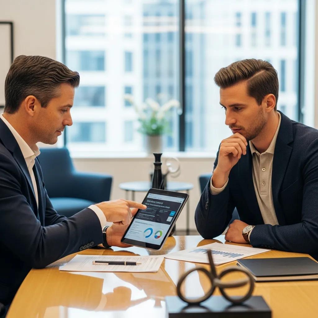 Financial advisor discussing tailored wealth strategies with a tech professional in a modern office, reviewing investment data on a tablet, emphasizing personalized financial planning and tax optimization.