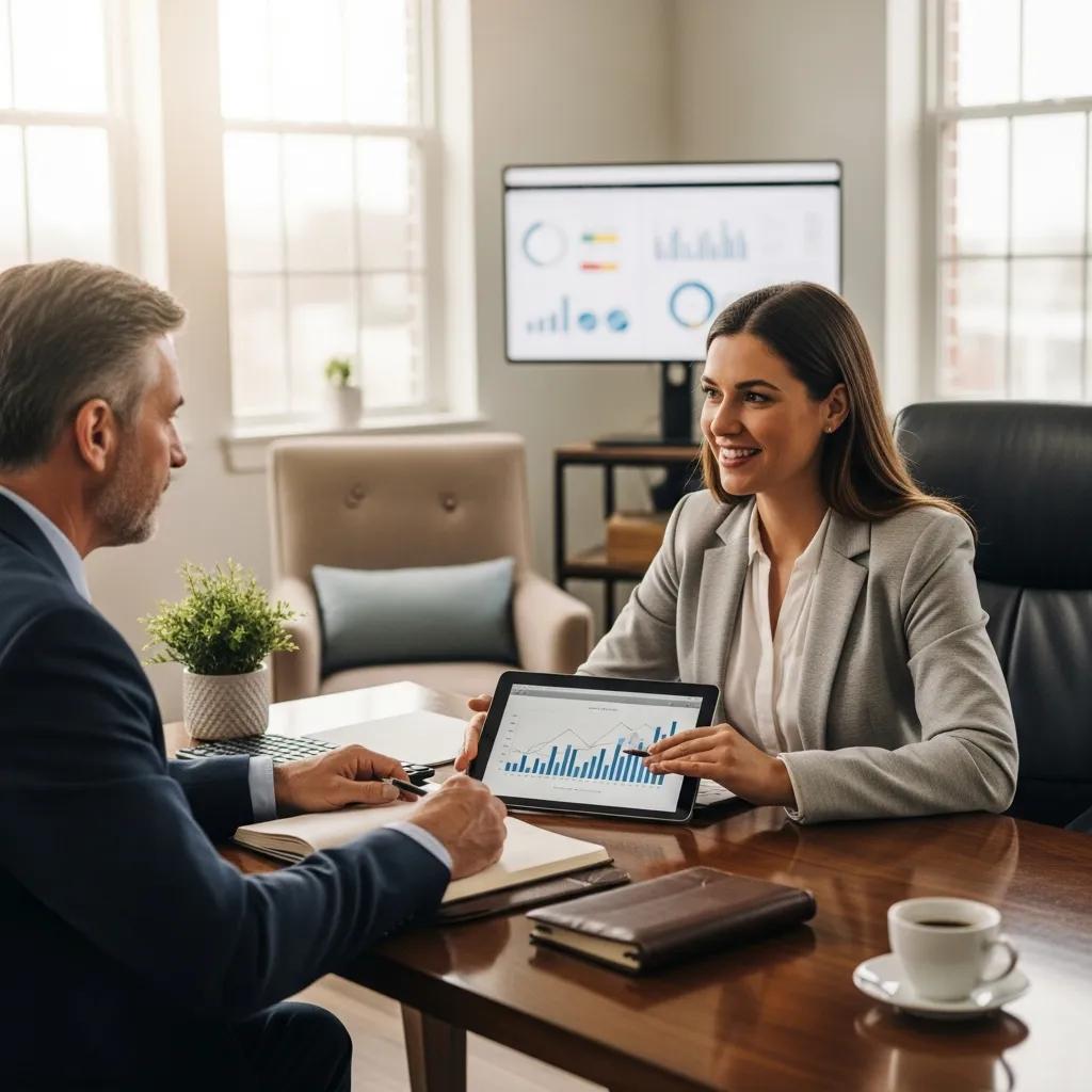 Financial advisor discussing tax-efficient strategies with an executive in a modern office, showcasing investment graphs on a tablet.
