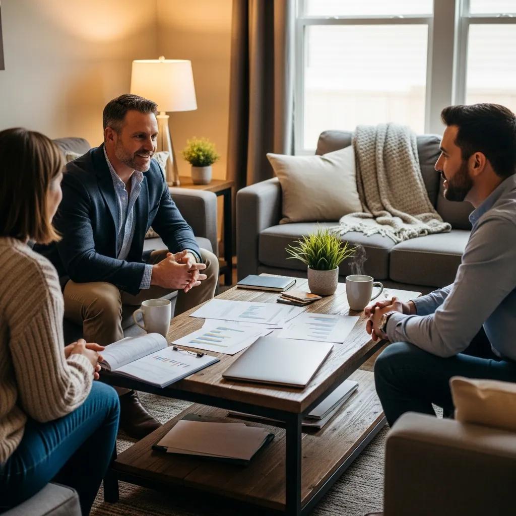 Financial advisor discussing tax-efficient wealth strategies with clients in a cozy living room, featuring charts and documents on a coffee table, emphasizing personalized financial planning.