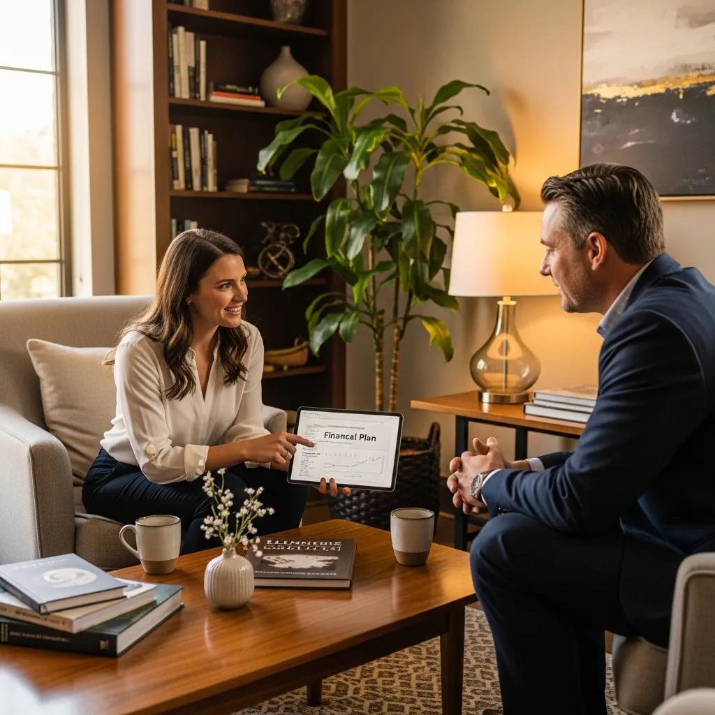 Financial advisor discussing personalized financial plan with client in modern office setting, highlighting wealth management strategies for high earners in Scarborough, Ontario.