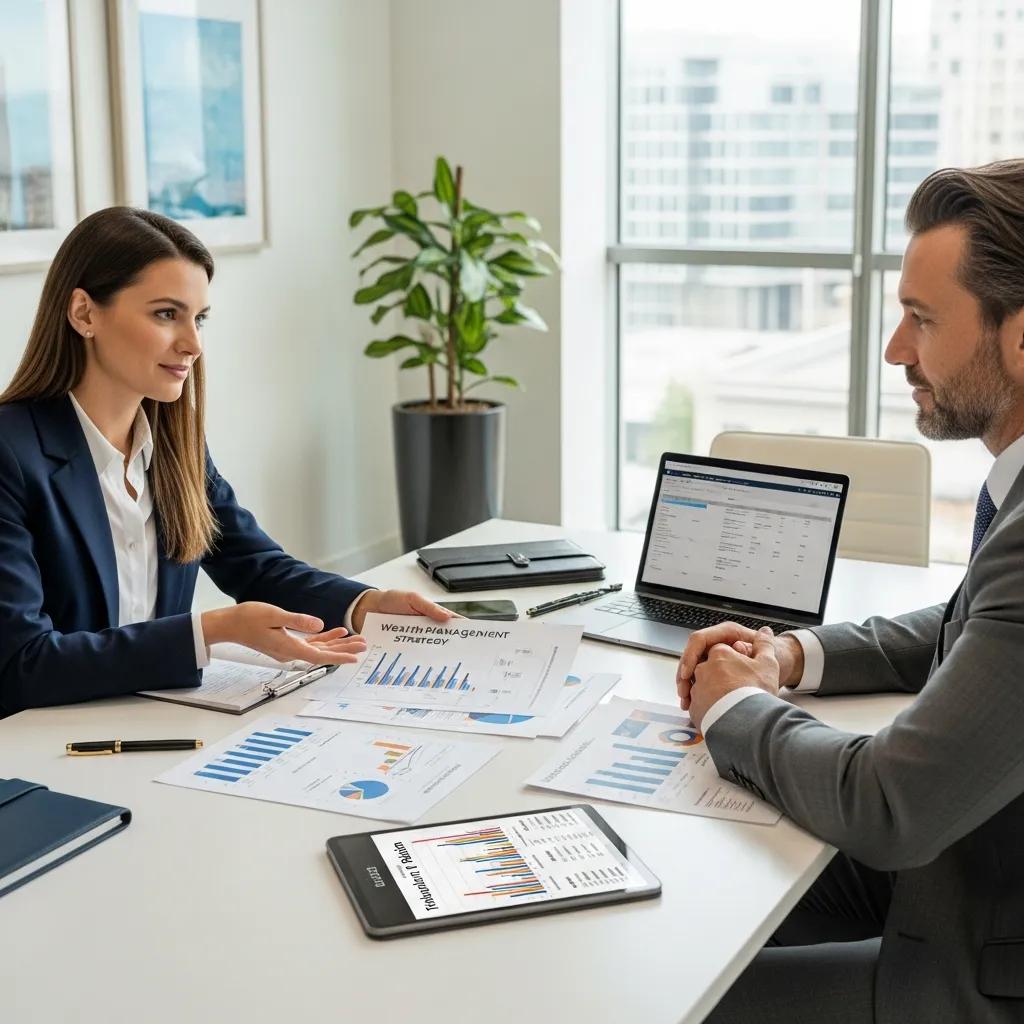 Financial advisor discussing wealth management strategies with a client, featuring documents and charts on a table, emphasizing personalized financial planning and investment strategies.