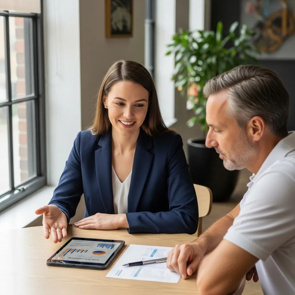 Financial advisor discussing wealth management strategies with a client, showcasing investment data on a tablet in a professional setting.