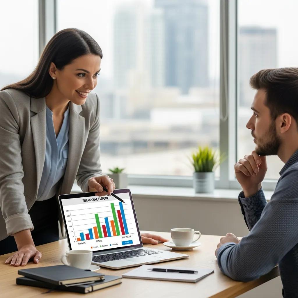 Financial coach presenting wealth management strategies to a young adult, discussing a graph labeled "Financial Future" on a laptop, in a modern office setting.