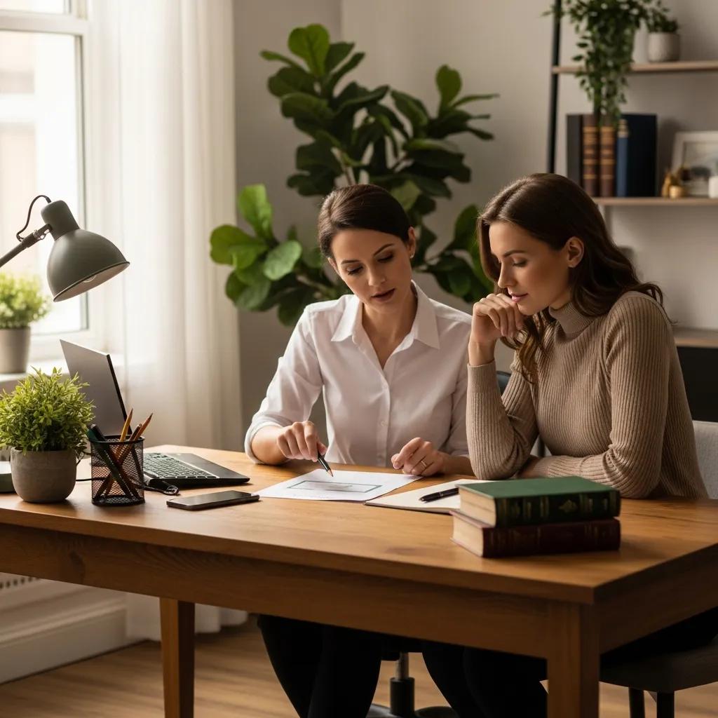 Financial coaching session between a coach and a high achiever in a cozy office setting