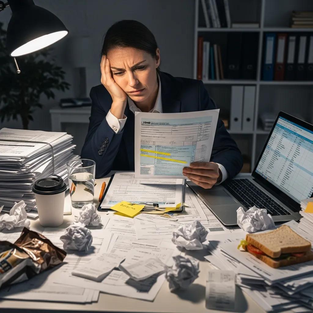 Frustrated professional reviewing tax documents amidst a cluttered desk, illustrating common tax mistakes and the complexities of tax planning for high earners.