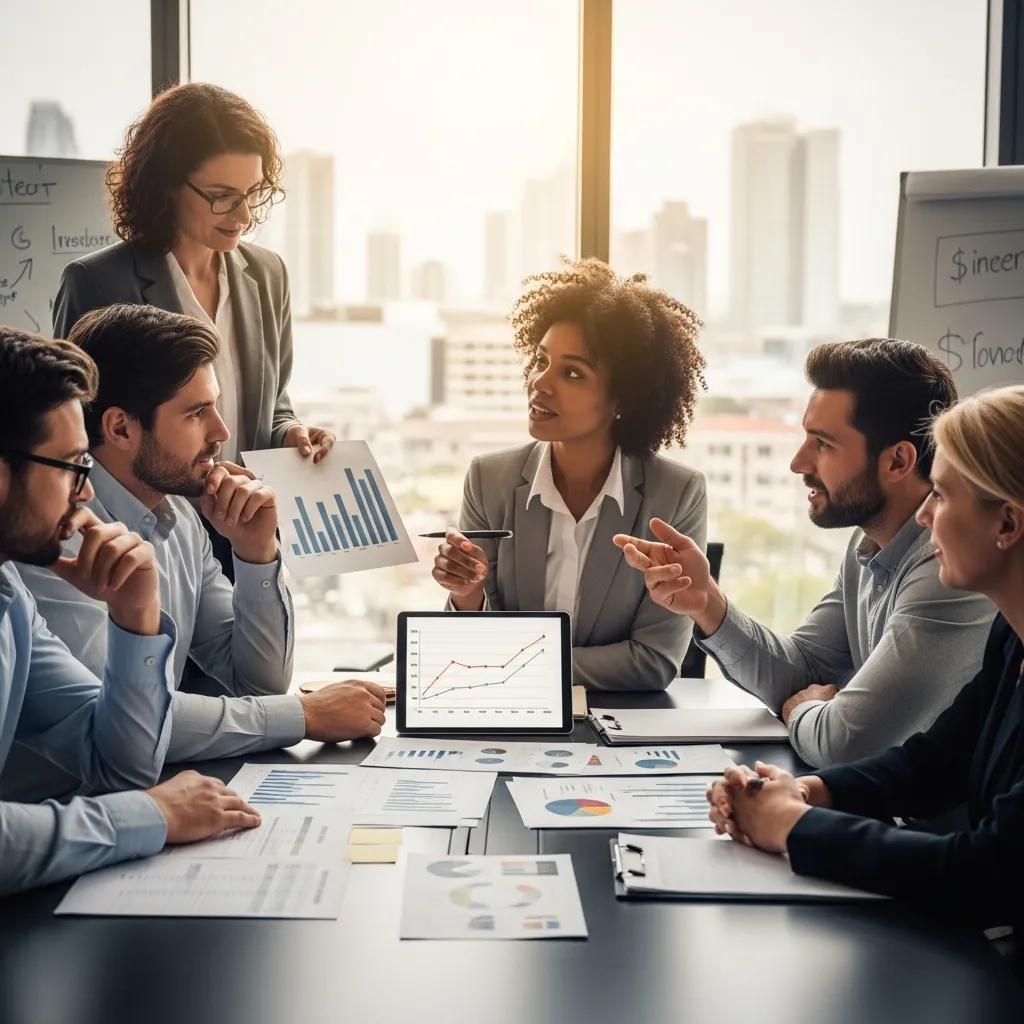 Group of business professionals discussing investment strategies, showcasing collaboration in financial planning, with charts and graphs on a table and a city skyline in the background.