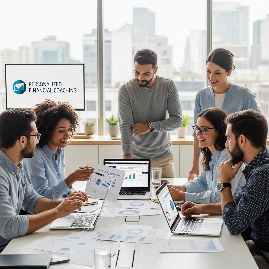 Group of professionals collaborating on financial strategies in a modern office
