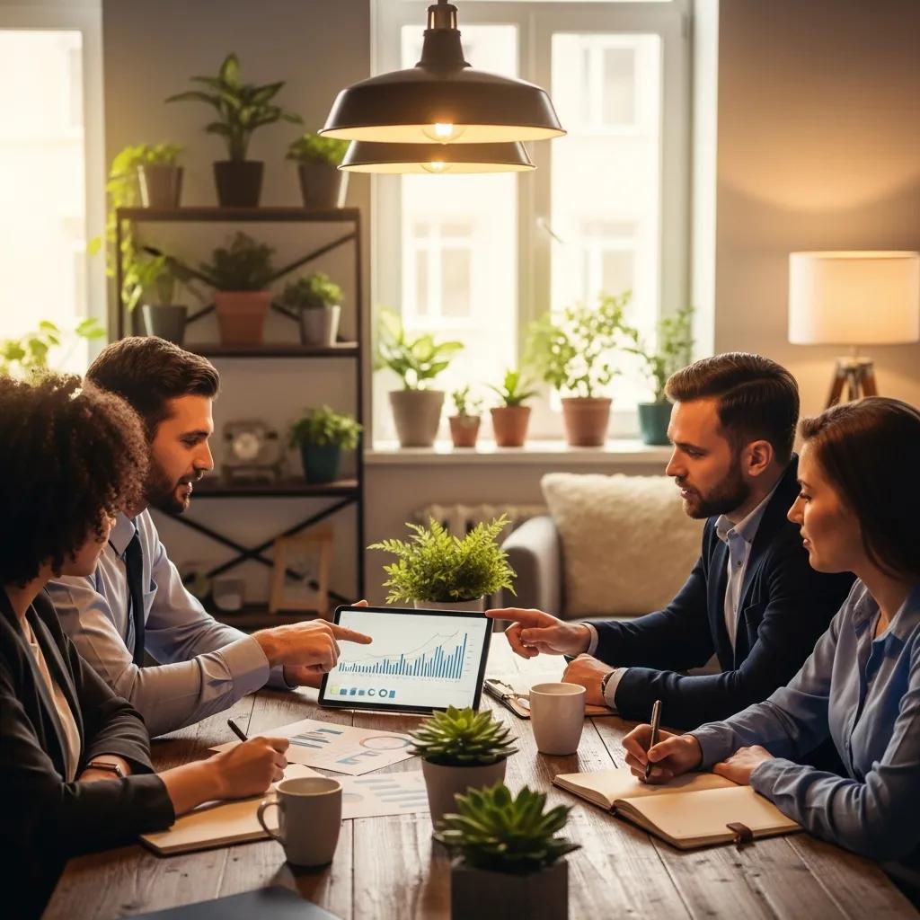 Group of professionals discussing investment strategies and financial planning in a cozy office setting, analyzing data on a tablet surrounded by plants and notes.