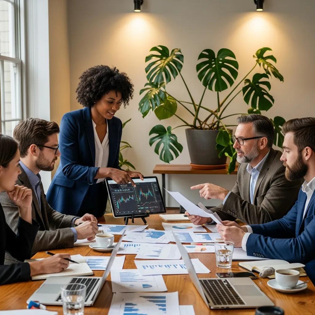 Group of professionals discussing investment strategies and financial planning, analyzing charts on a tablet, surrounded by documents and laptops in a cozy meeting space.