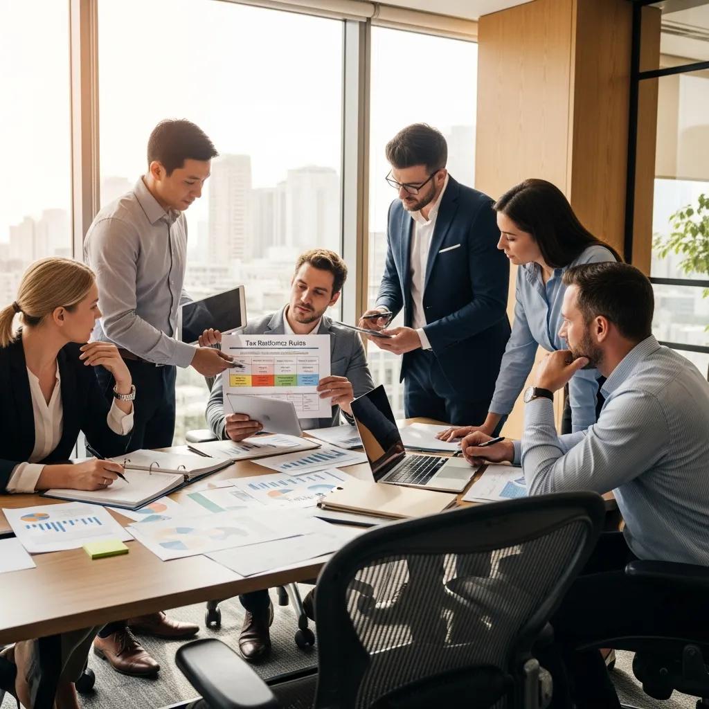 Group of professionals discussing tax residency rules in a modern office, analyzing documents and charts related to cross-border taxation strategies between the US and Canada.