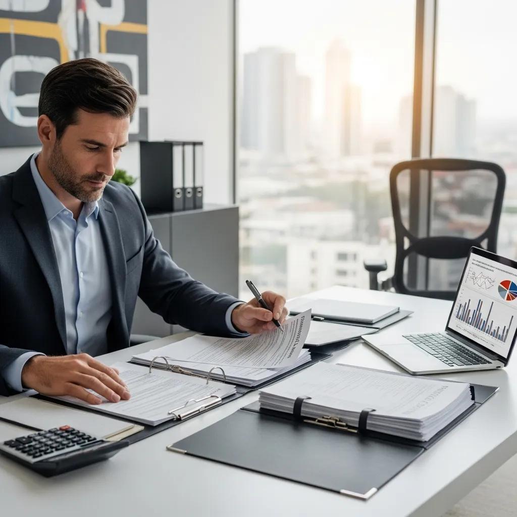 High-income earner reviewing tax documents in a modern office, highlighting tax planning strategies