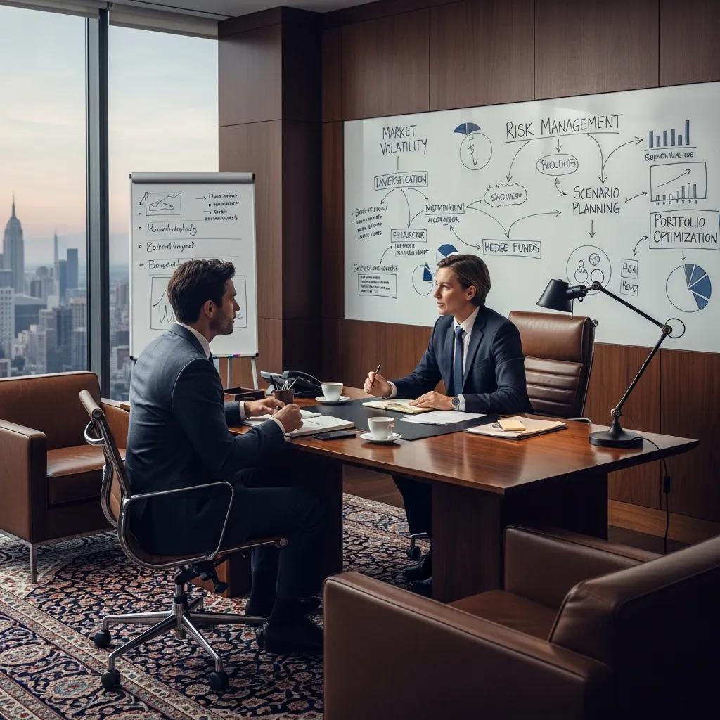 High net worth individual consulting with a financial advisor on risk management strategies in a professional setting