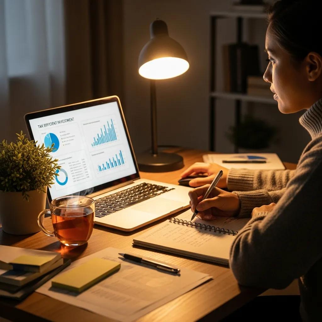 Individual analyzing tax-efficient investing techniques at a cozy desk